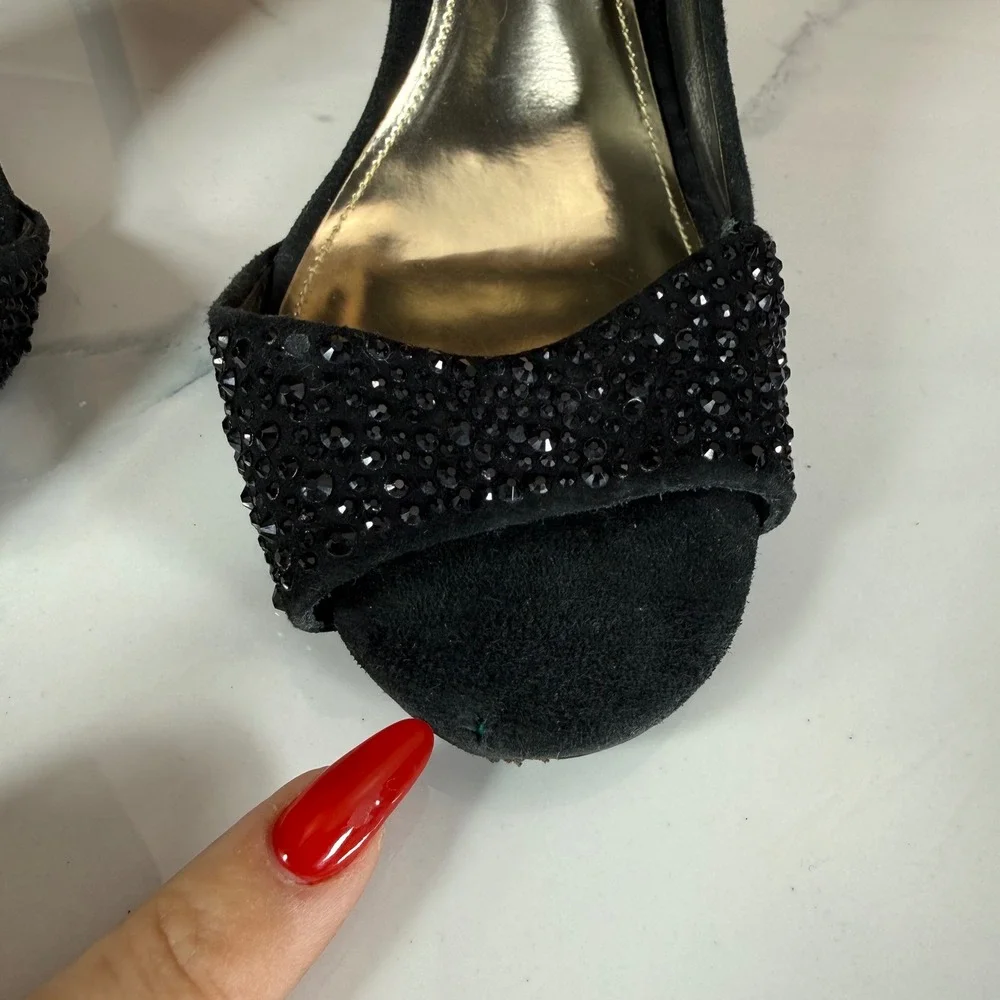 Coach Black Suede Rhinestone Peep Toe Pumps d'Orsay Stiletto Heels‎ Womens 6B